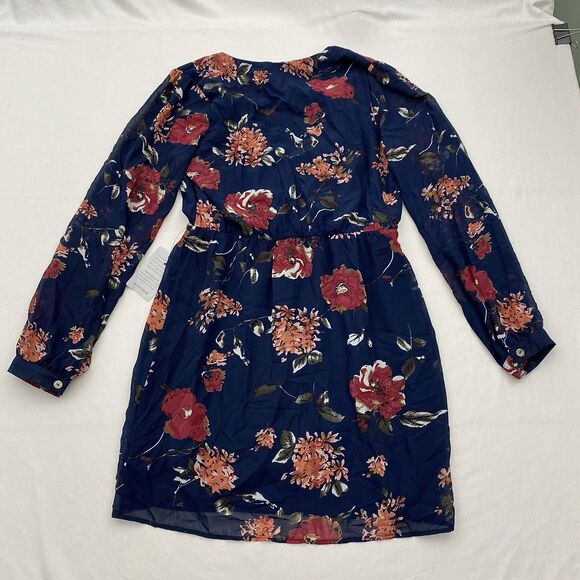 Lulus Long Sleeve Dress Navy Blue Floral Knee Length Preppy Sheer Size Large - Picture 2 of 10